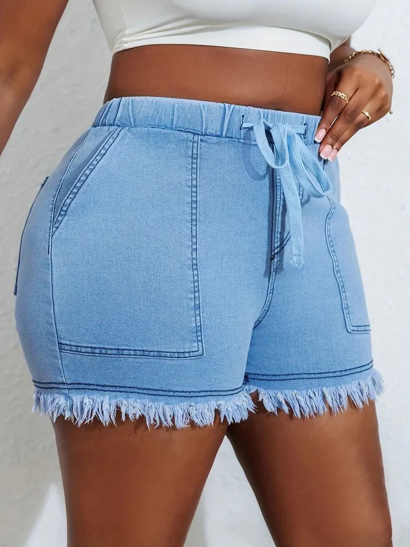 Women's Plus Size Denim Shorts with High Stretch Elastic Waistband and Tassel Style, Fashionable and Versatile Jeans