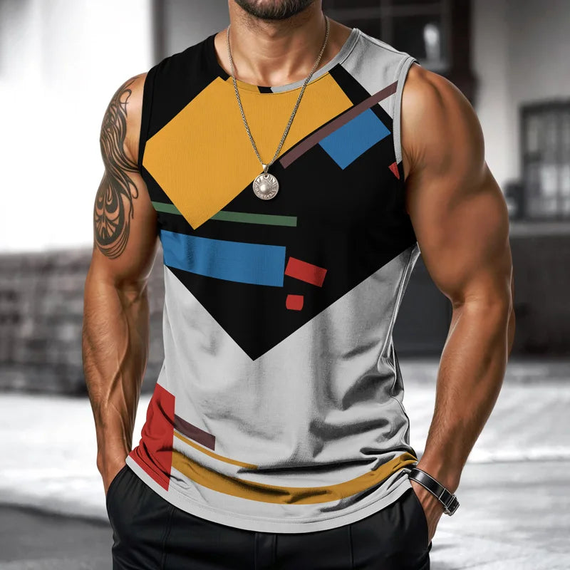 Art Men Vest Street Fashion Round Neck Sleeveless Printed Tshirt Daily Outdoor Sports Fitness Running Top Contrast Colors 2025