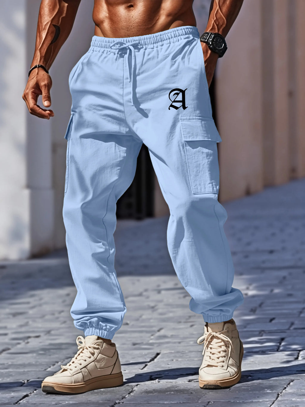 New men's cotton and linen work pants with multiple pockets and drawstring waistband, breathable and quick-drying