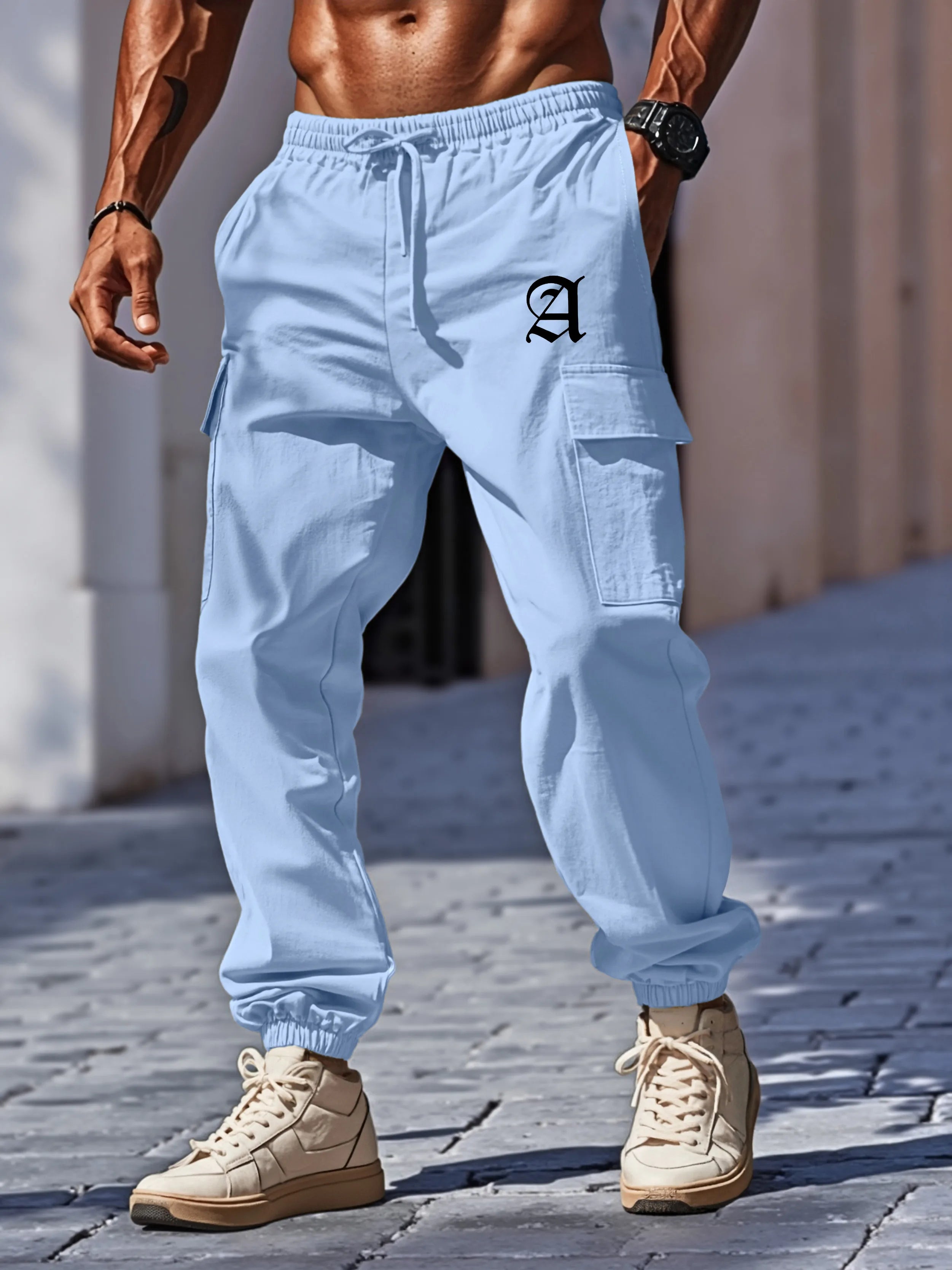 New men's cotton and linen work pants with multiple pockets and drawstring waistband, breathable and quick-drying