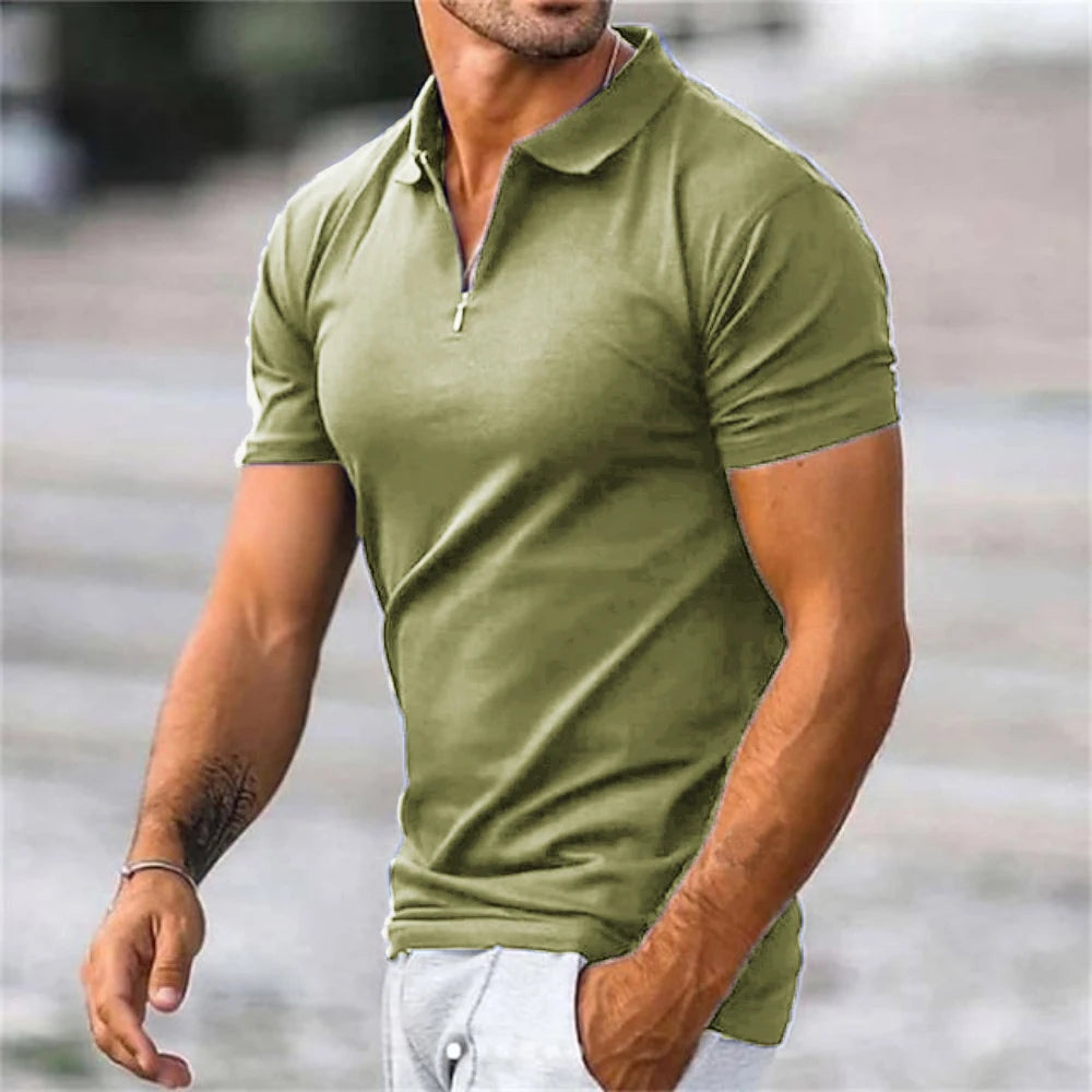 New Male Tops Men's Solid Color Polo Shirt Summer Short Sleeve Turn-Down Collar Half Zipper Tshirts for Men Casual Streetwear