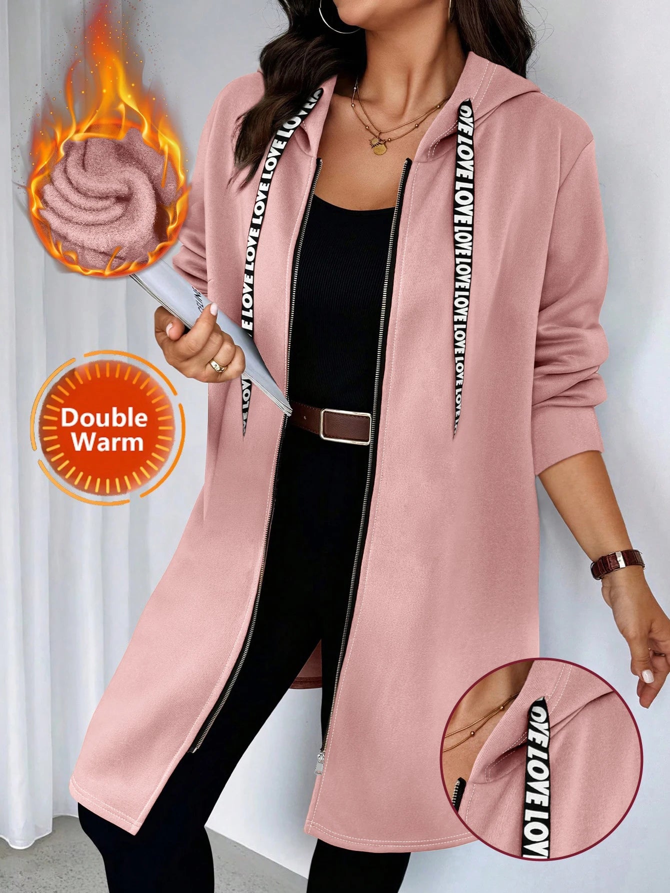 Plus Size Women's Long Zip - Up Hoodie, Double Warm Fabric, "LOVE" Lettering Detail, Casual & Cozy Daily Wear