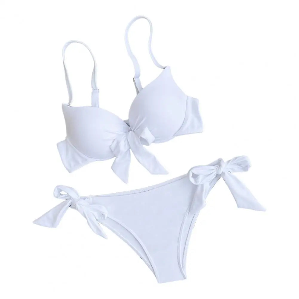 Women Summer Bikini Set Padded Sling Bowknot Lace-up Bra High Waist Swim Briefs Set Solid Color Beach Swimsuit Female Swimwear