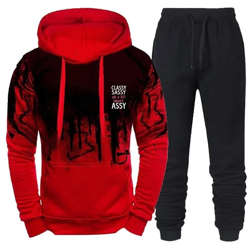 Mens Hoodie Black Gray Printed Classy Sassy Assy Text Design Sweatshirt Tracksuit Set For Casual Sport Wear
