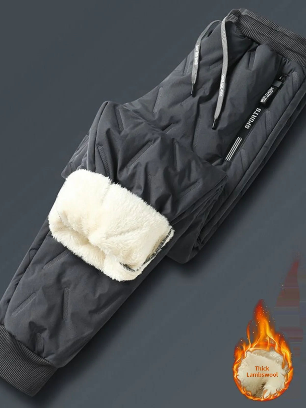 Winter Men's Large Size Casual Lamb Velvet Fce Lined Thiened Outdoor Warm Loose Cuffed Downproof Windproof Cotton Pants