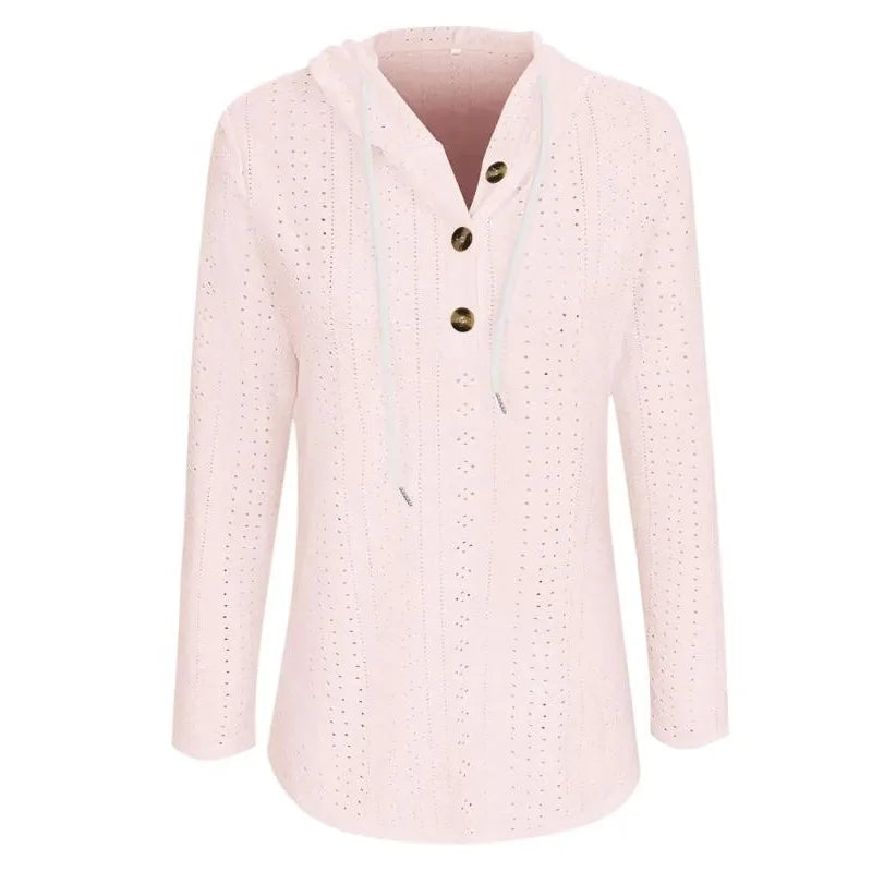 Plus Size Casual Solid Color Women's Hoodie Item Solid Color V-neck Hooded Button Loose Long Sleeved Hoodie Top For Women ﻿