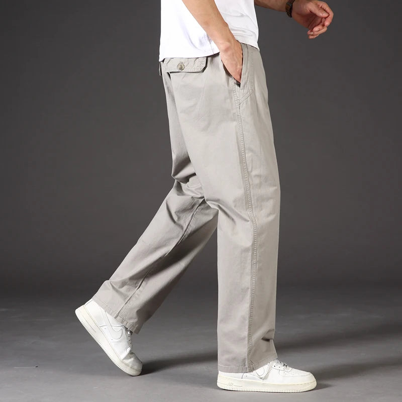 Mens Casual Cargo Pants Loose Fit Spring Autumn Men's Cotton Trousers Sports Many Pockets Wide Leg Straight Pants