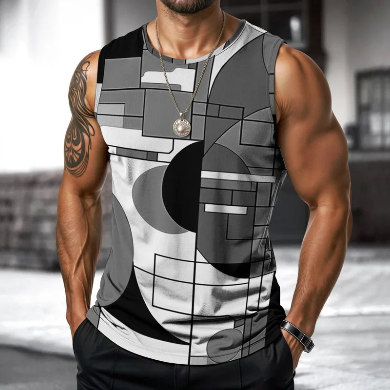 Art Men Vest Street Fashion Round Neck Sleeveless Printed Tshirt Daily Outdoor Sports Fitness Running Top Contrast Colors 2025