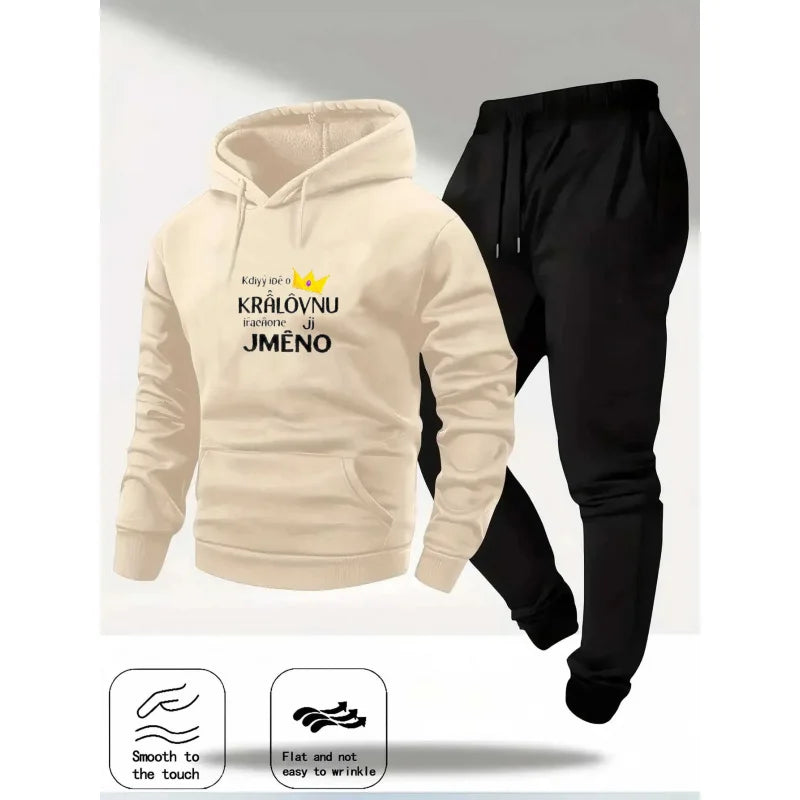 Hoodie Set Beige Black Printed Královnu Jméno Text Couple Sweatshirt Tracksuit Casual Wear for Men Women