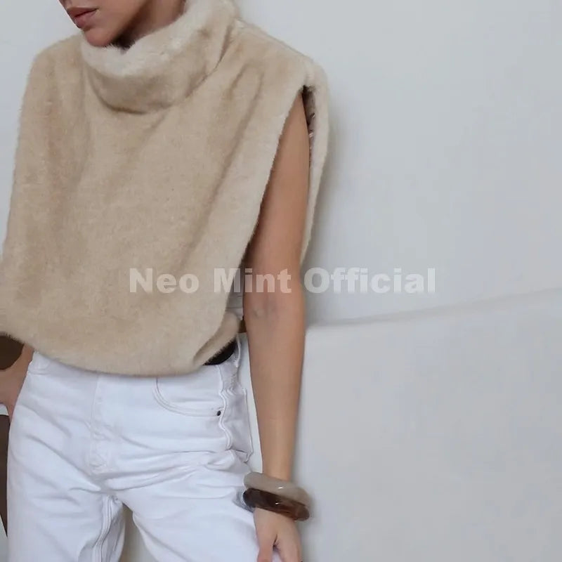 Neo Mint 2025 Brand Fashion Faux Fur Sable Vest Crop Top Autumn Winter Turtleneck Eco Mink Fur Tank Tops Sleeveless Jacket Coat