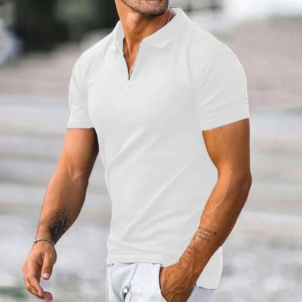 New Male Tops Men's Solid Color Polo Shirt Summer Short Sleeve Turn-Down Collar Half Zipper Tshirts for Men Casual Streetwear