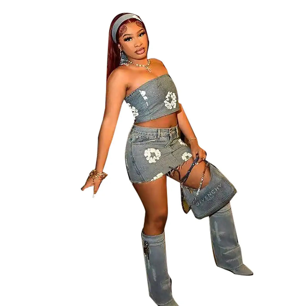 Denim 2 Piece Sets Women Short Skirt Outfits Casual  Sleeveless Tank Top Slim Fit Sexy Party Night High Waist Suits Ensemble