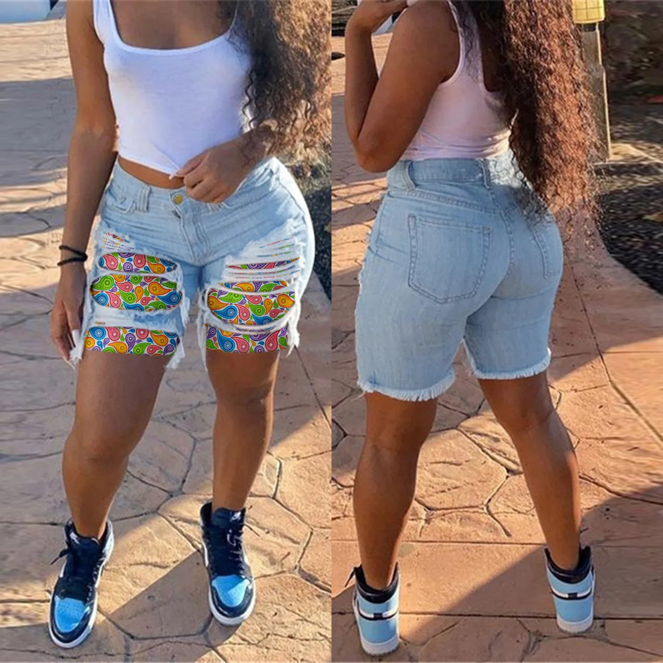 New European and American Patchwork Ripped Denim Shorts. Women's Summer Fashion Fringed Design Slim High-waisted Tight Shorts