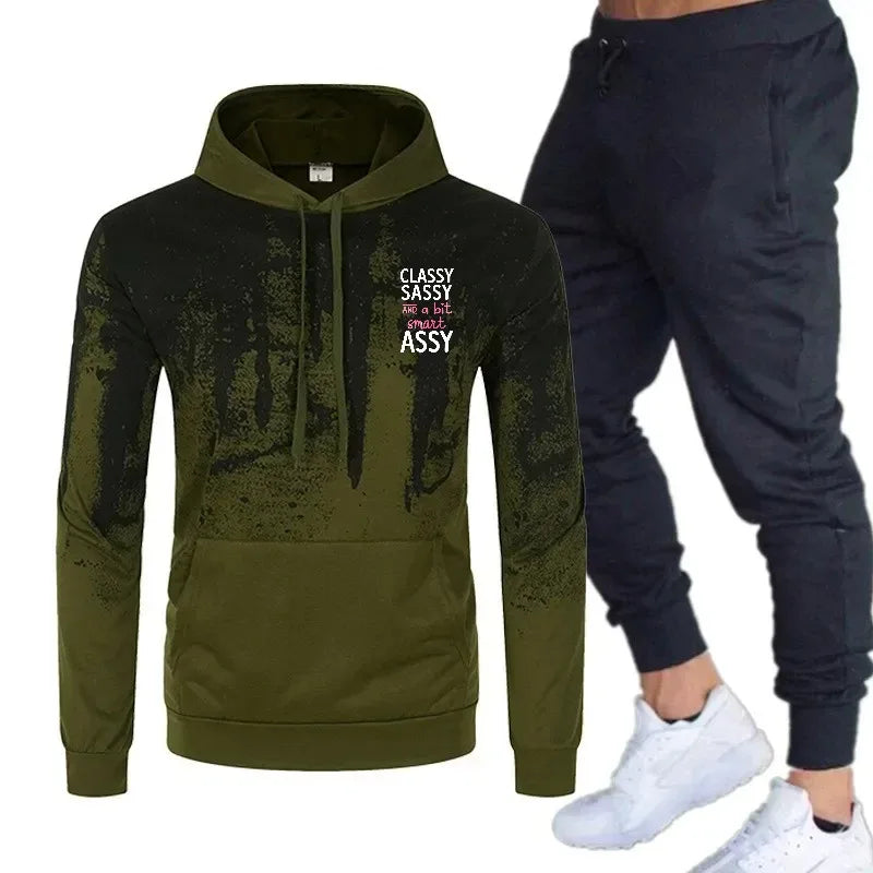 Mens Hoodie Black Gray Printed Classy Sassy Assy Text Design Sweatshirt Tracksuit Set For Casual Sport Wear