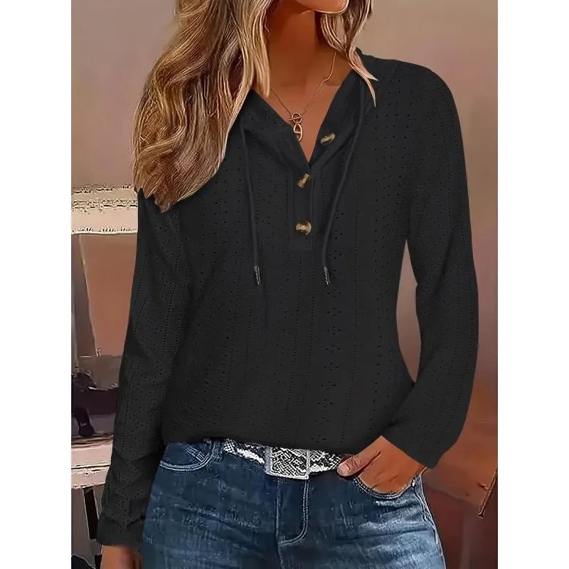 Plus Size Casual Solid Color Women's Hoodie Item Solid Color V-neck Hooded Button Loose Long Sleeved Hoodie Top For Women ﻿