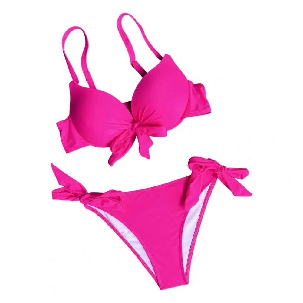 Women Summer Bikini Set Padded Sling Bowknot Lace-up Bra High Waist Swim Briefs Set Solid Color Beach Swimsuit Female Swimwear