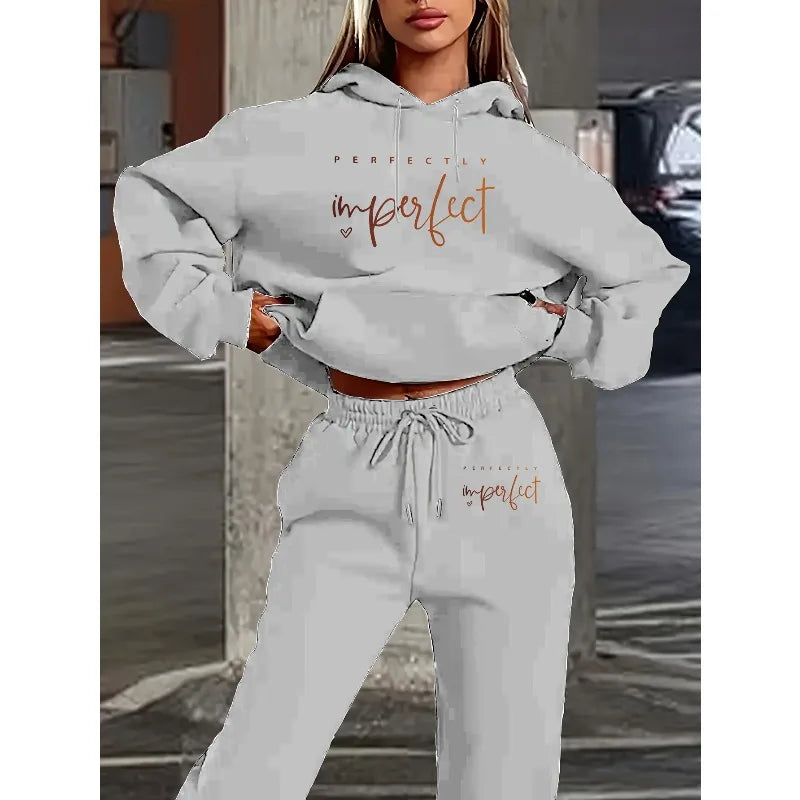 2025 Women's Casual Polyester Two Piece Set Autumn/Winter Hoodie with Pocket Pants 3D Printed Letter Perfect Imperfect Design