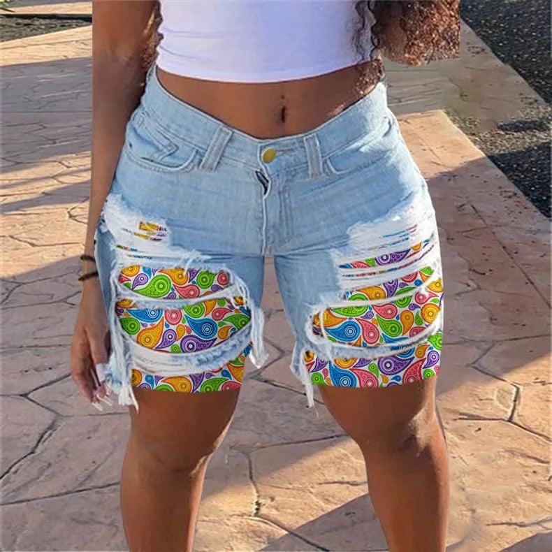 New European and American Patchwork Ripped Denim Shorts. Women's Summer Fashion Fringed Design Slim High-waisted Tight Shorts