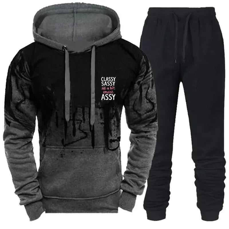 Mens Hoodie Black Gray Printed Classy Sassy Assy Text Design Sweatshirt Tracksuit Set For Casual Sport Wear