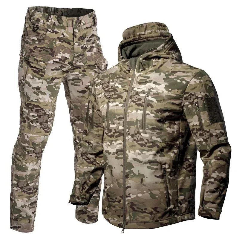 Waterproof Softshell Camouflage Hiking Outerwear Fleece Lined Outdoor Jacket Pants Set Warm Waterproof Winter Mountain Climbing