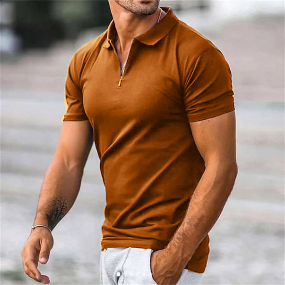 New Male Tops Men's Solid Color Polo Shirt Summer Short Sleeve Turn-Down Collar Half Zipper Tshirts for Men Casual Streetwear