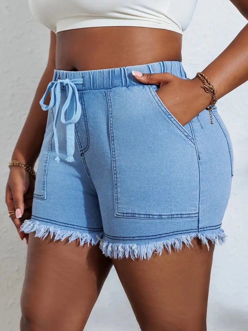 Women's Plus Size Denim Shorts with High Stretch Elastic Waistband and Tassel Style, Fashionable and Versatile Jeans