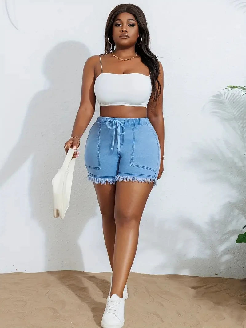 Women's Plus Size Denim Shorts with High Stretch Elastic Waistband and Tassel Style, Fashionable and Versatile Jeans