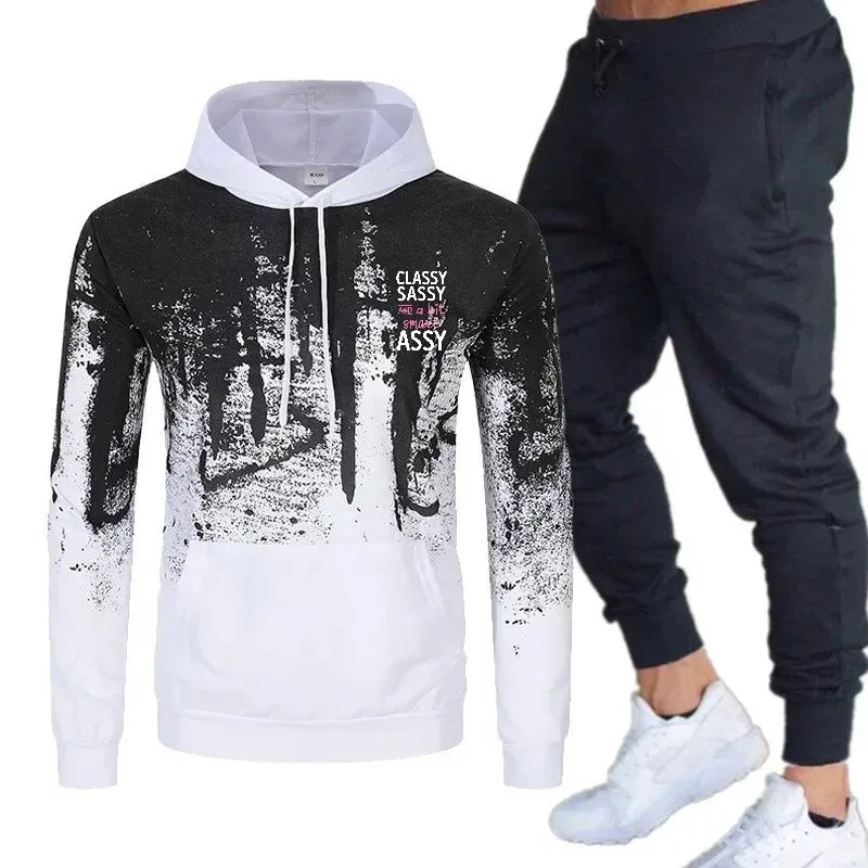 Mens Hoodie Black Gray Printed Classy Sassy Assy Text Design Sweatshirt Tracksuit Set For Casual Sport Wear