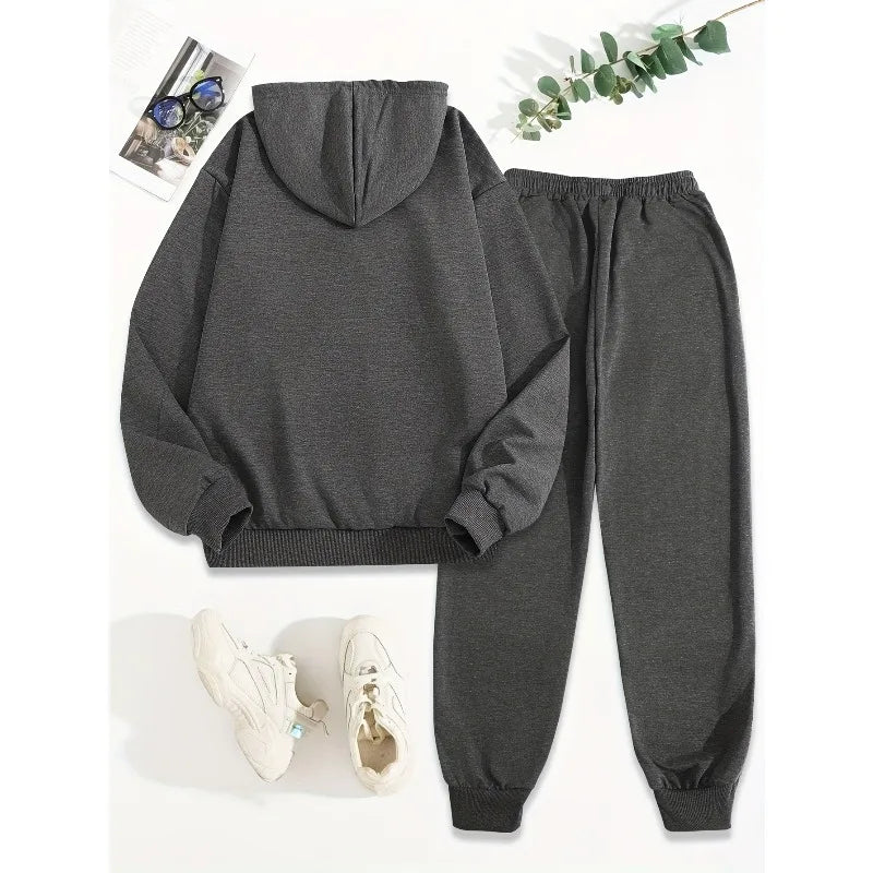 2025 Women's Casual Polyester Two Piece Set Autumn/Winter Hoodie with Pocket Pants 3D Printed Letter Perfect Imperfect Design