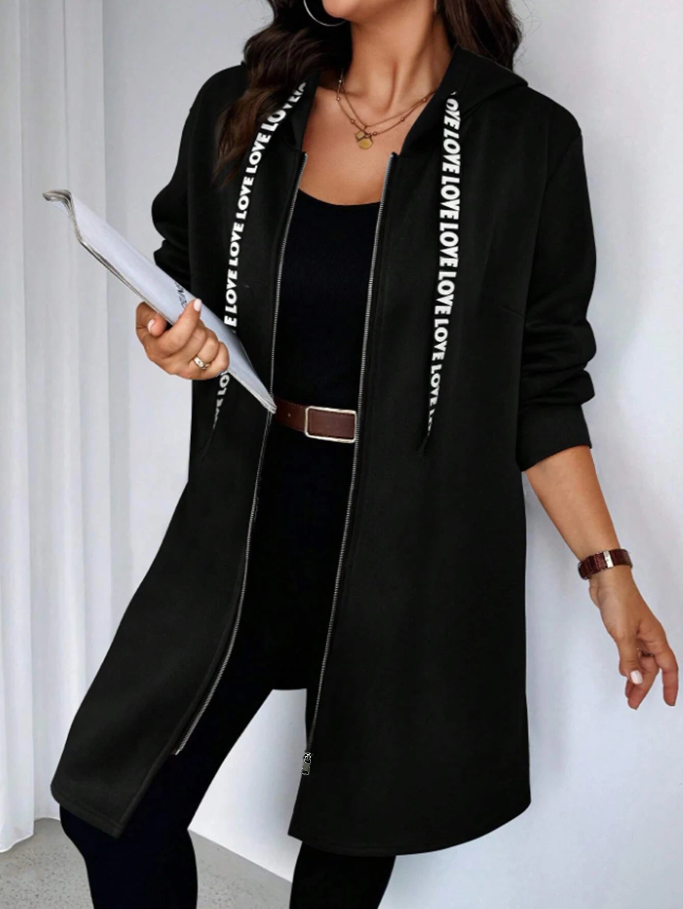 Plus Size Women's Long Zip - Up Hoodie, Double Warm Fabric, "LOVE" Lettering Detail, Casual & Cozy Daily Wear