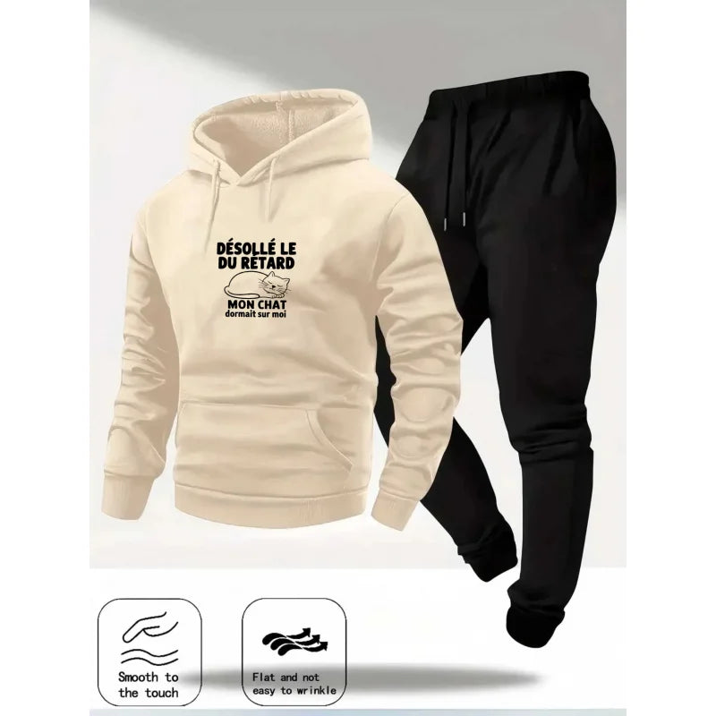 Hoodie Set Beige Black Printed Královnu Jméno Text Couple Sweatshirt Tracksuit Casual Wear for Men Women