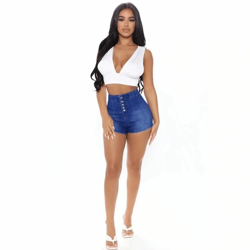High-quality New Breasted Denim Shorts. Women's Spring Summer Fashionable Washed Casual Straight-leg High-waisted Short Jeans