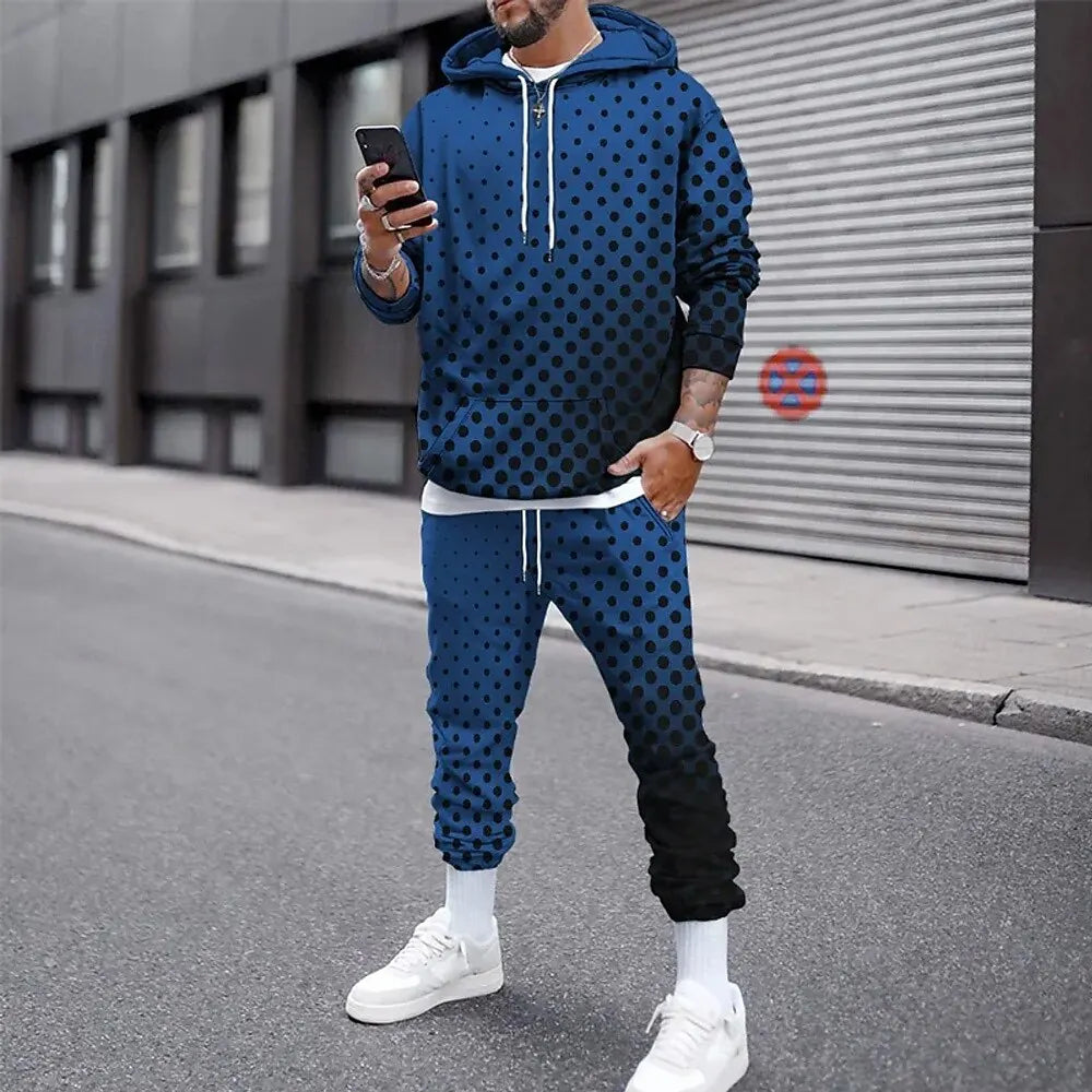 Funny 3D Polka Dot Print Men's Hoodies Set Autumn Winter Casual Sweatshirt Sweatpants 2 Piece Fashion Loose Street Clothing Suit