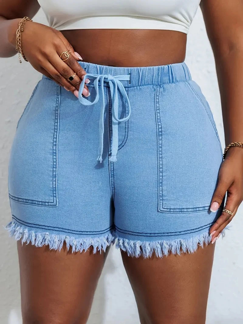 Women's Plus Size Denim Shorts with High Stretch Elastic Waistband and Tassel Style, Fashionable and Versatile Jeans