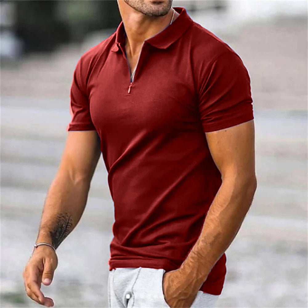 New Male Tops Men's Solid Color Polo Shirt Summer Short Sleeve Turn-Down Collar Half Zipper Tshirts for Men Casual Streetwear