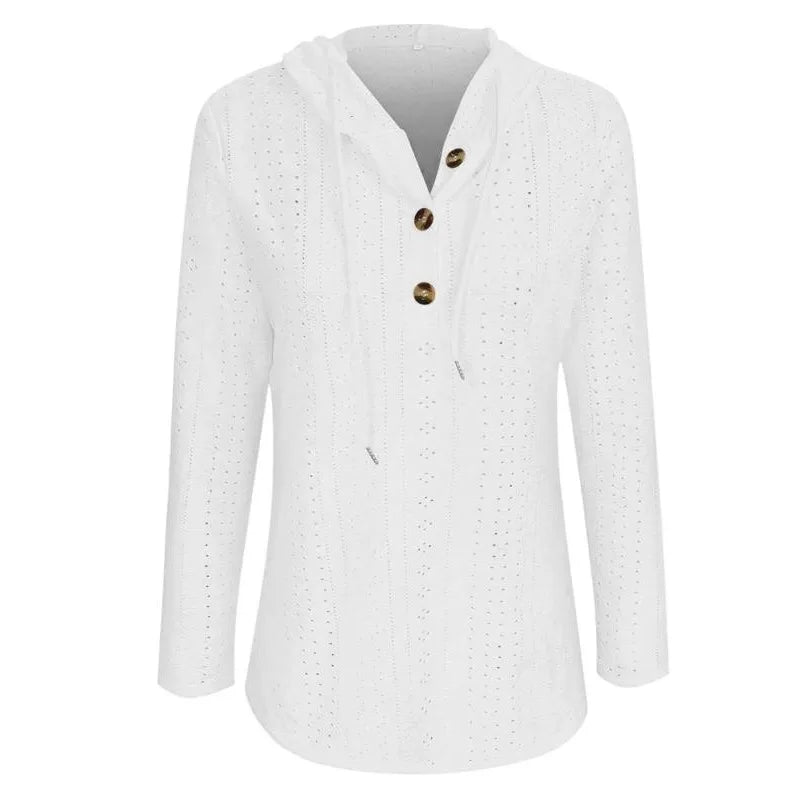 Plus Size Casual Solid Color Women's Hoodie Item Solid Color V-neck Hooded Button Loose Long Sleeved Hoodie Top For Women ﻿