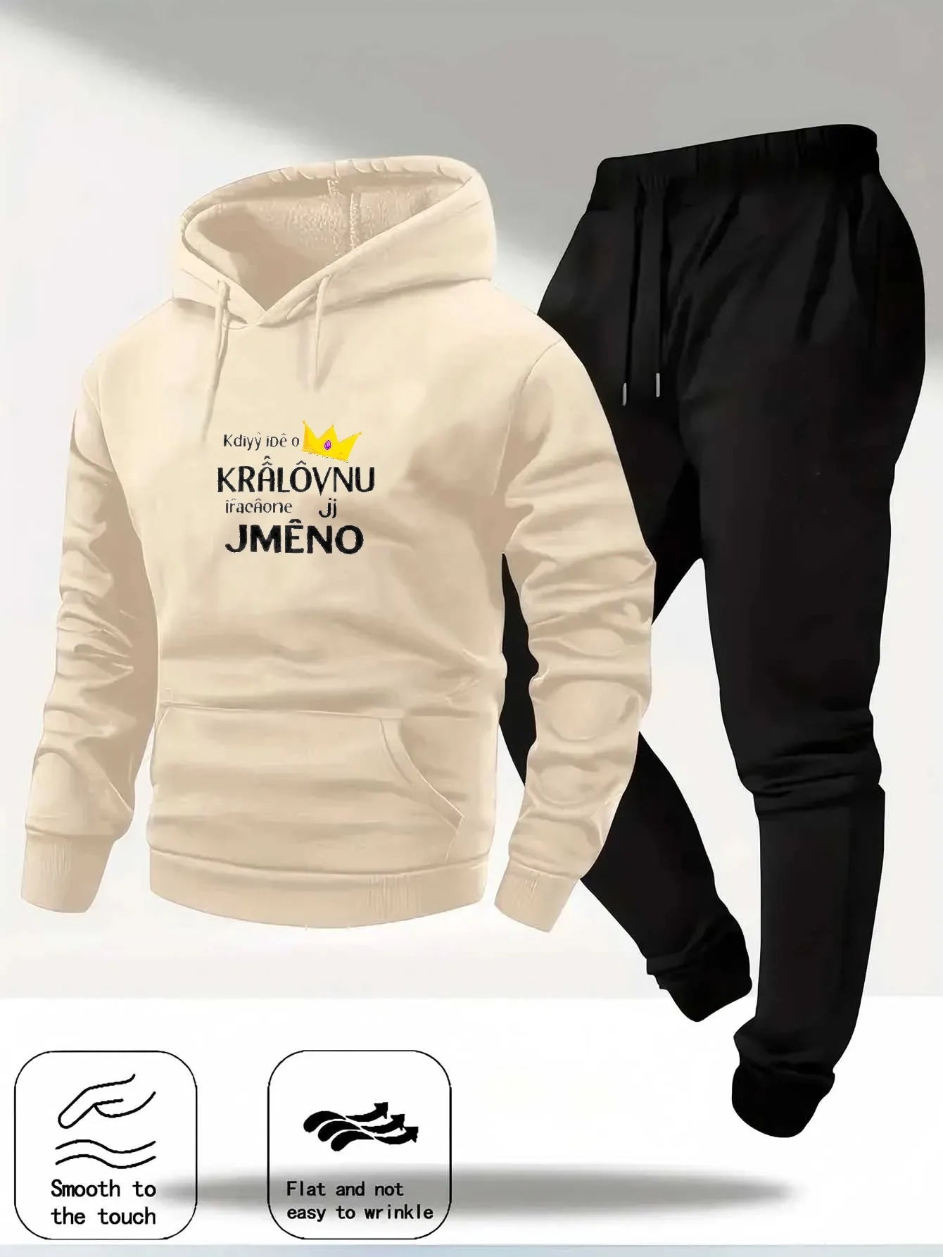 Hoodie Set Beige Black Printed Královnu Jméno Text Couple Sweatshirt Tracksuit Casual Wear for Men Women