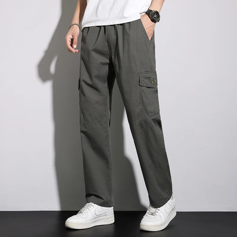 Mens Casual Cargo Pants Loose Fit Spring Autumn Men's Cotton Trousers Sports Many Pockets Wide Leg Straight Pants