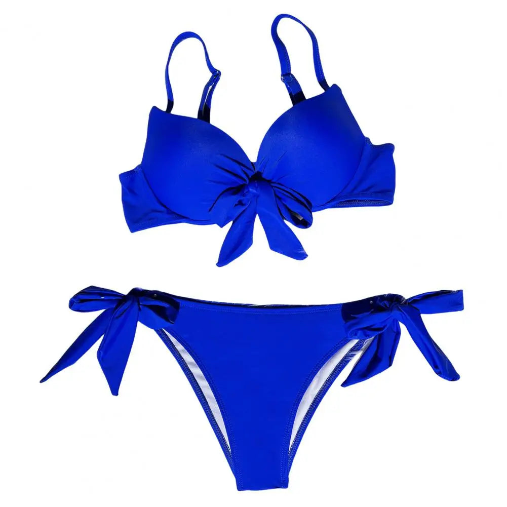 Women Summer Bikini Set Padded Sling Bowknot Lace-up Bra High Waist Swim Briefs Set Solid Color Beach Swimsuit Female Swimwear
