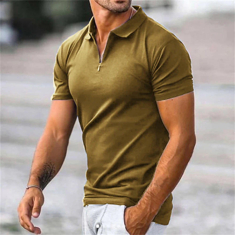 New Male Tops Men's Solid Color Polo Shirt Summer Short Sleeve Turn-Down Collar Half Zipper Tshirts for Men Casual Streetwear