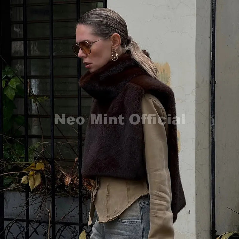 Neo Mint 2025 Brand Fashion Faux Fur Sable Vest Crop Top Autumn Winter Turtleneck Eco Mink Fur Tank Tops Sleeveless Jacket Coat