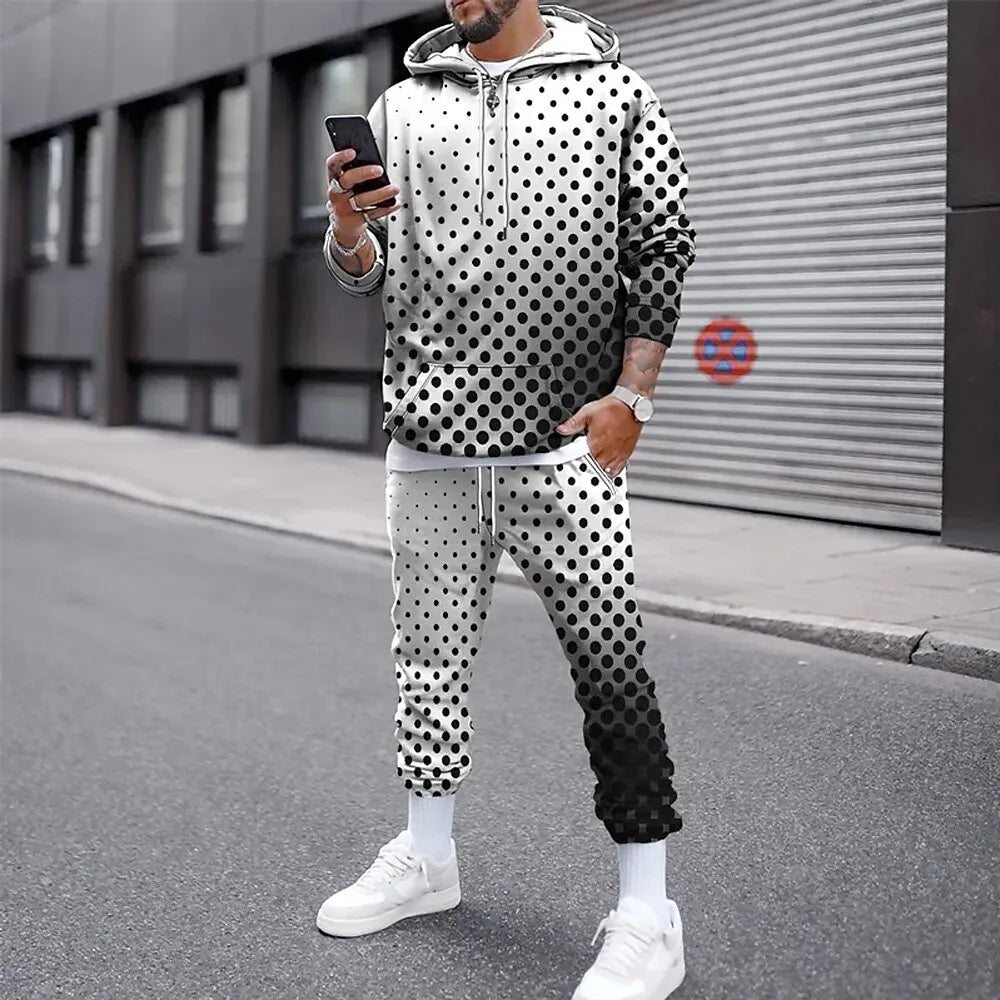 Funny 3D Polka Dot Print Men's Hoodies Set Autumn Winter Casual Sweatshirt Sweatpants 2 Piece Fashion Loose Street Clothing Suit