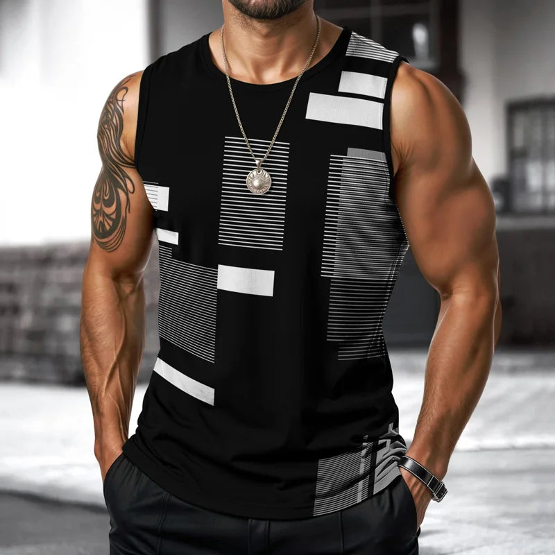 Art Men Vest Street Fashion Round Neck Sleeveless Printed Tshirt Daily Outdoor Sports Fitness Running Top Contrast Colors 2025