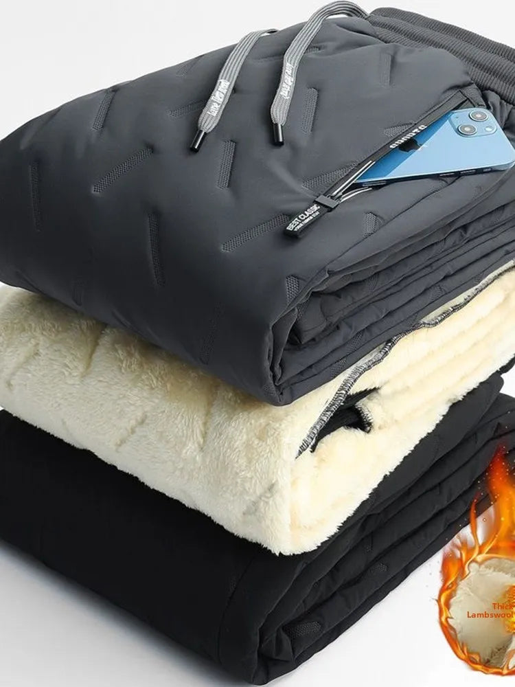 Winter Men's Large Size Casual Lamb Velvet Fce Lined Thiened Outdoor Warm Loose Cuffed Downproof Windproof Cotton Pants