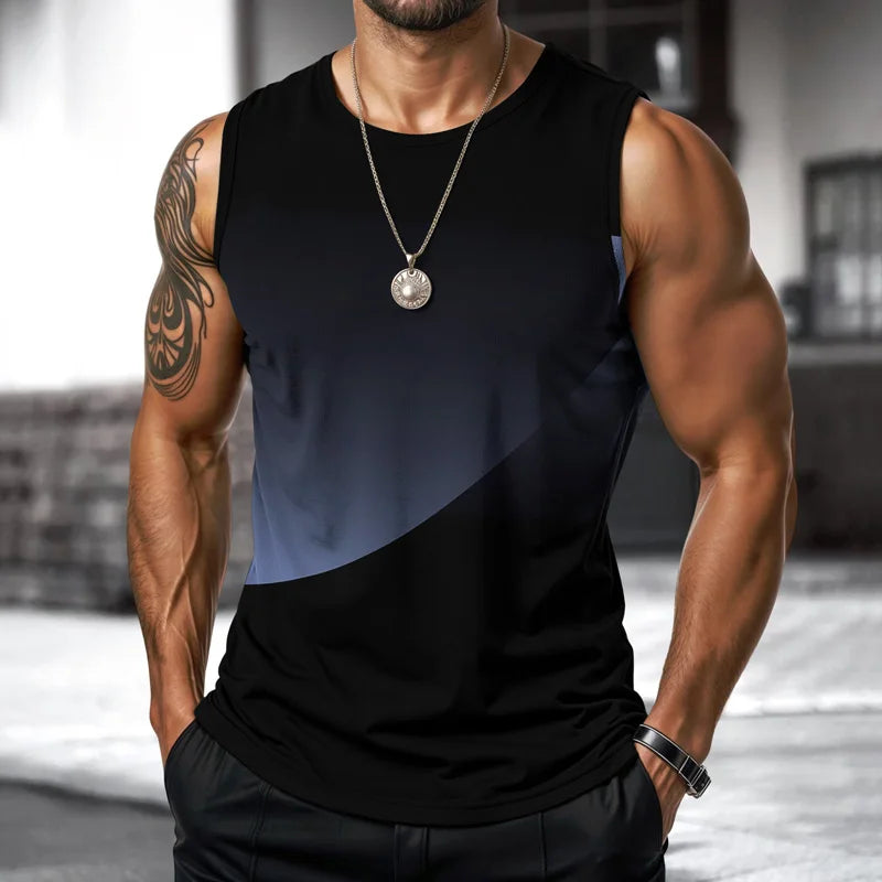 Art Men Vest Street Fashion Round Neck Sleeveless Printed Tshirt Daily Outdoor Sports Fitness Running Top Contrast Colors 2025