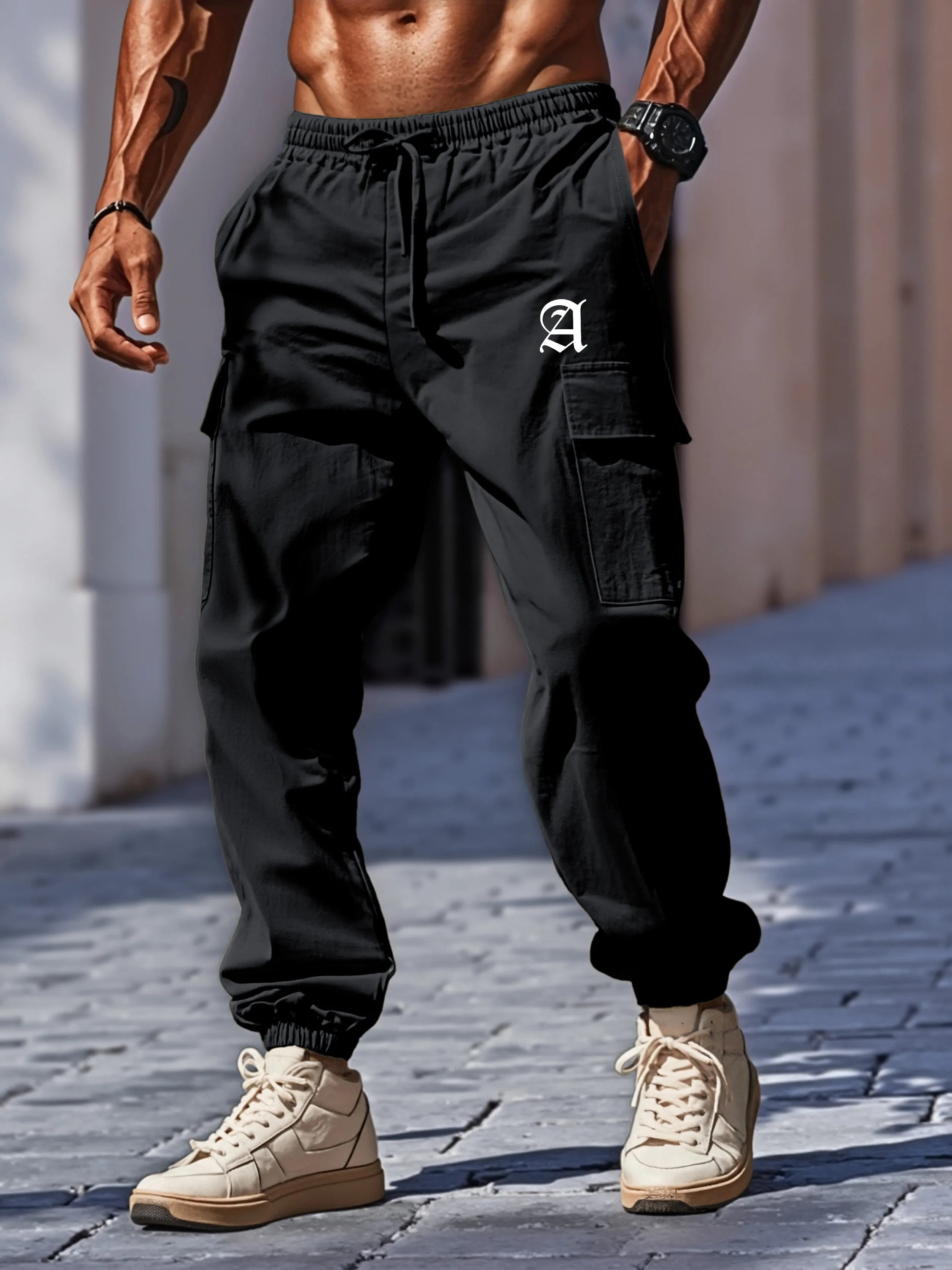 New men's cotton and linen work pants with multiple pockets and drawstring waistband, breathable and quick-drying