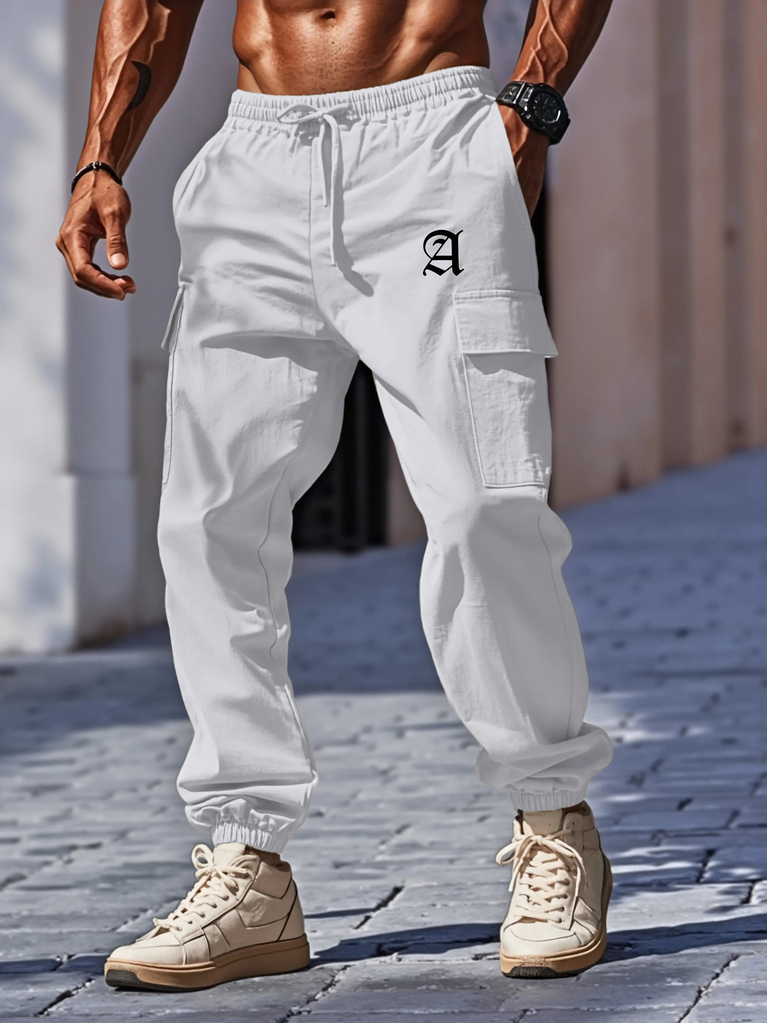 New men's cotton and linen work pants with multiple pockets and drawstring waistband, breathable and quick-drying