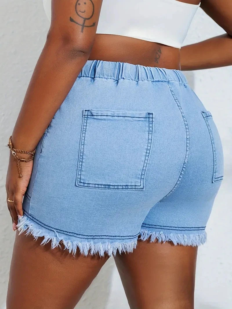Women's Plus Size Denim Shorts with High Stretch Elastic Waistband and Tassel Style, Fashionable and Versatile Jeans