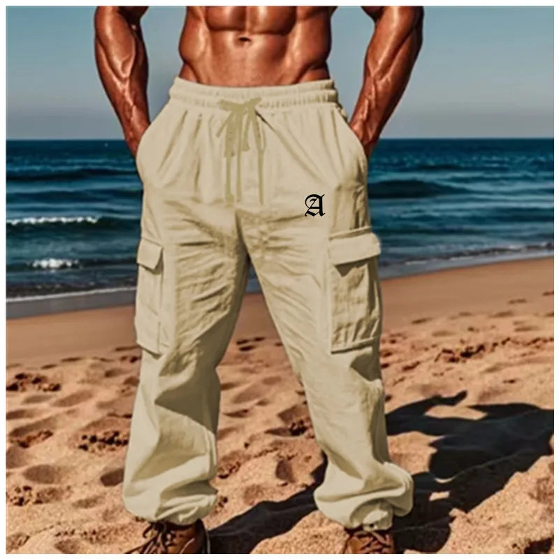 New men's cotton and linen work pants with multiple pockets and drawstring waistband, breathable and quick-drying