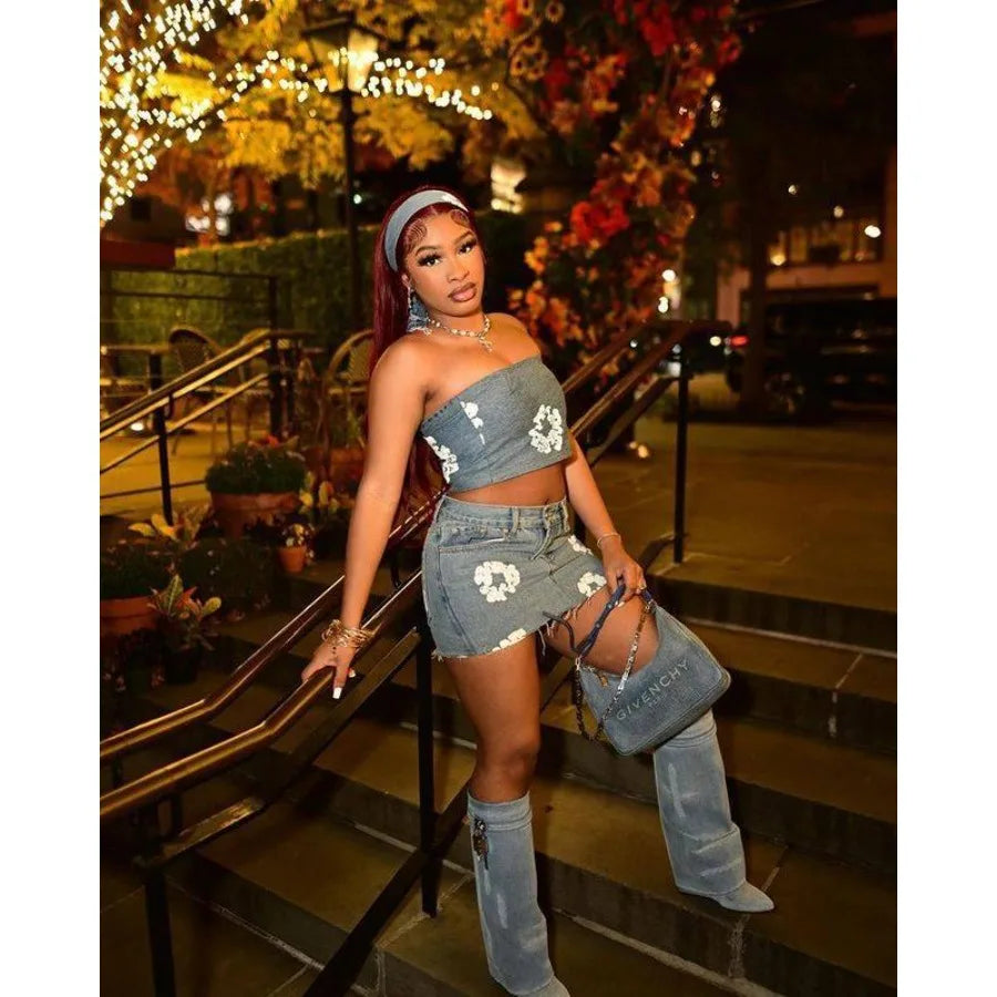 Denim 2 Piece Sets Women Short Skirt Outfits Casual  Sleeveless Tank Top Slim Fit Sexy Party Night High Waist Suits Ensemble